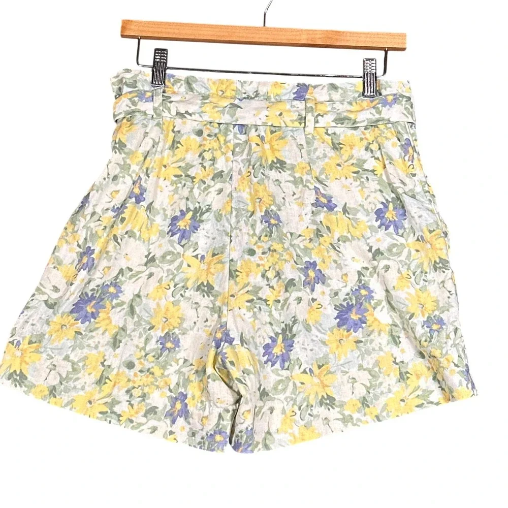 Abercrombie & Fitch Belted Floral High Rise Linen Blend Shorts Womens Med Yellow